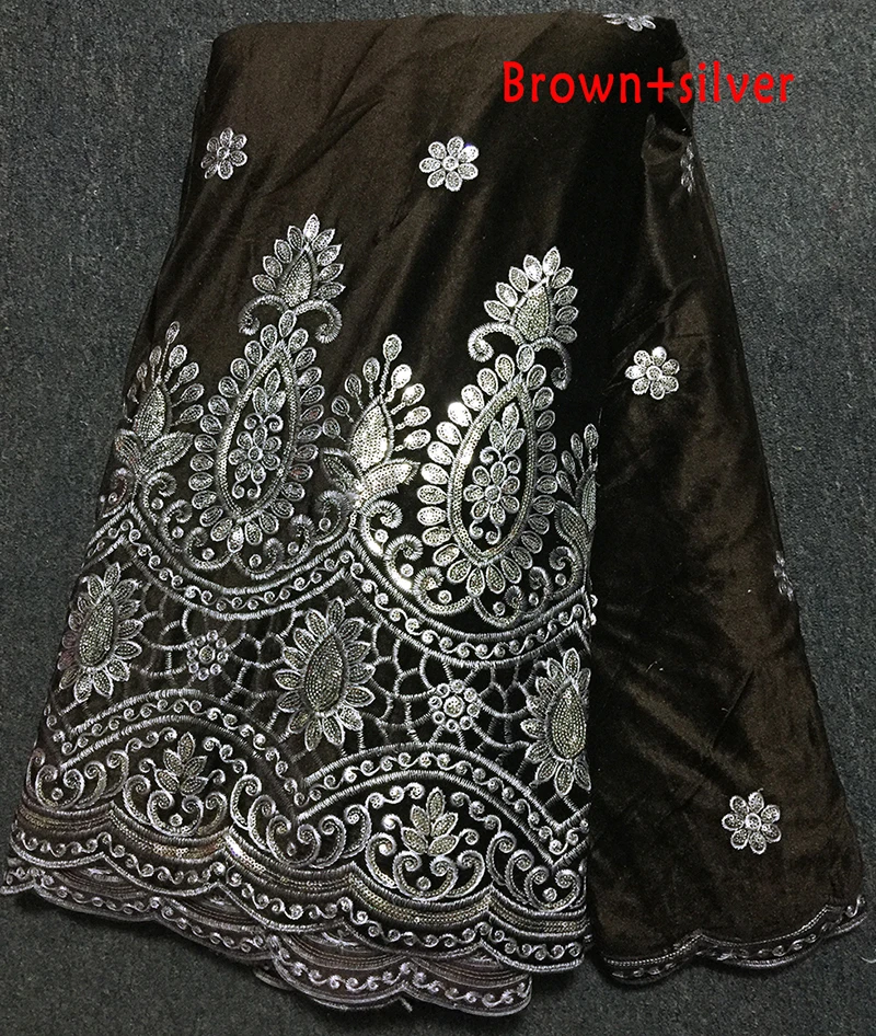 Новейший коричневый+ серебряный вельвет материал африканская вышивка мягкая бархатная ткань с кружевом с блестками для женщин платье 5 ярдов/партия
