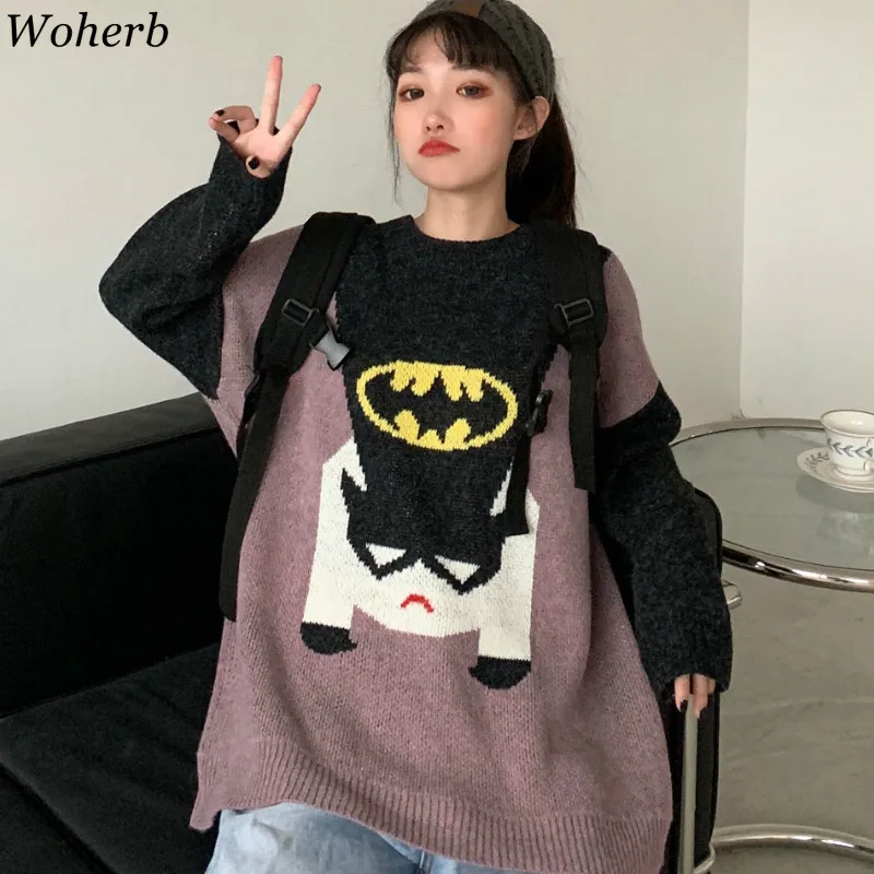 Woherb Pull Femme пуловер с длинными рукавами и круглым вырезом свободный свитер с мультяшным рисунком женские модные новые Джемперы Harajuku уличная 90957
