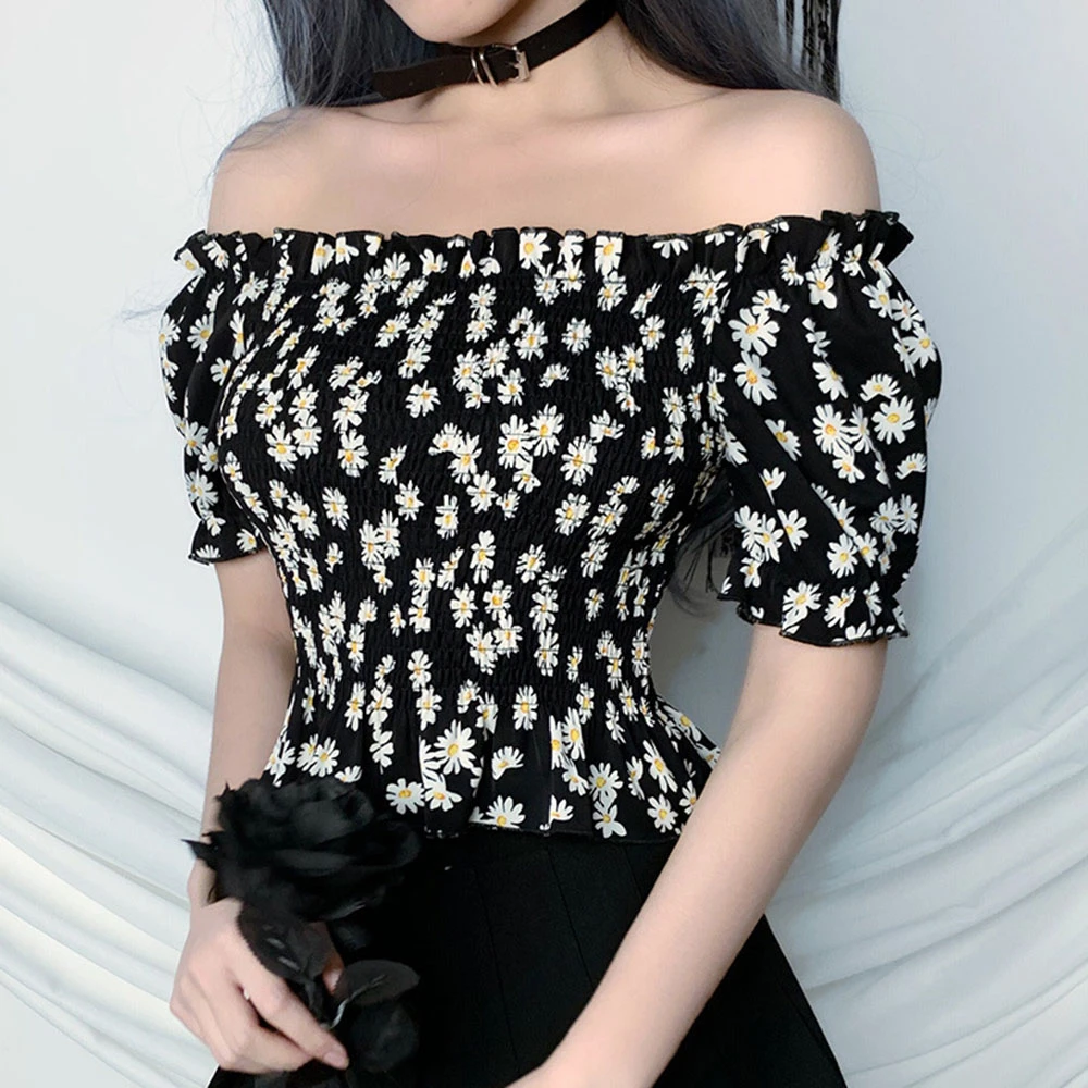 Gothic Chic Floral Blouse Summer Off Shoulder Sexy Blouses Women Tops Black  Pleated Shirt Girl Goth Club Beach Shirts Crop Top|Blouse| - AliExpress