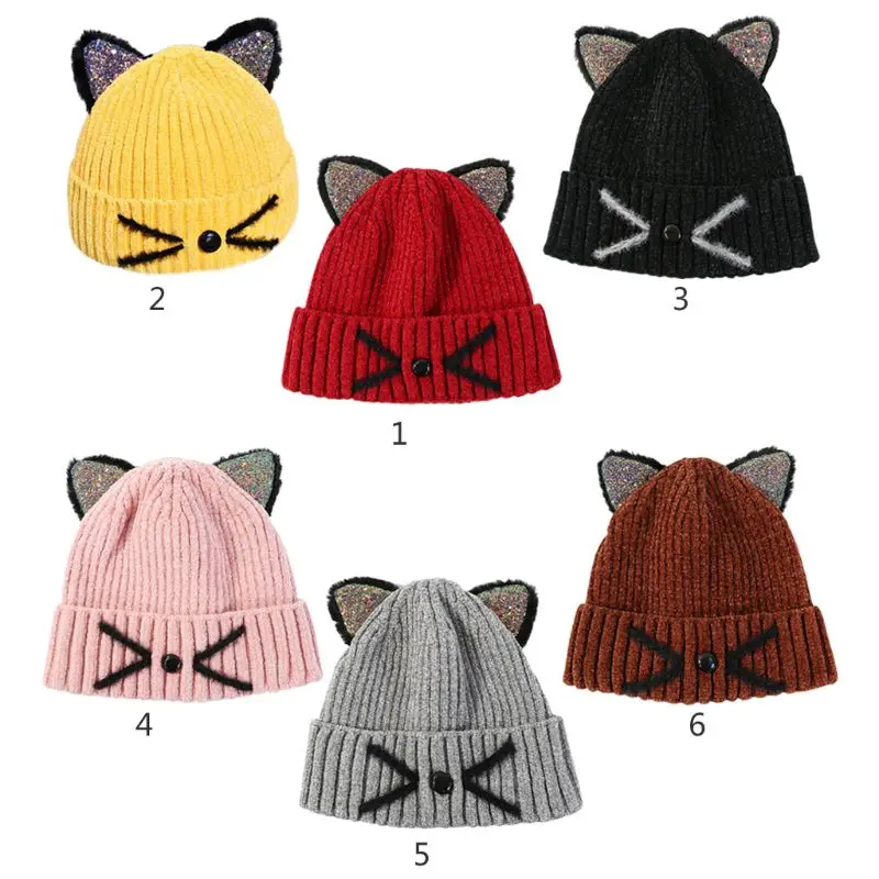 

Kids Cute Sequins Ears Knit Hat Winter Embroidered Meow Cat Cuffed Beanie Cap