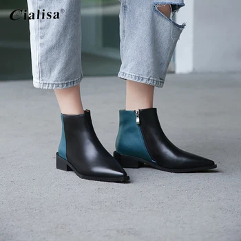 

CIALISA Women Boots Pointed Toe Chunky Heels Zipper Blue Mid Heel Ankle Boots 2020 High Quality Party Autumn Winter Shoes