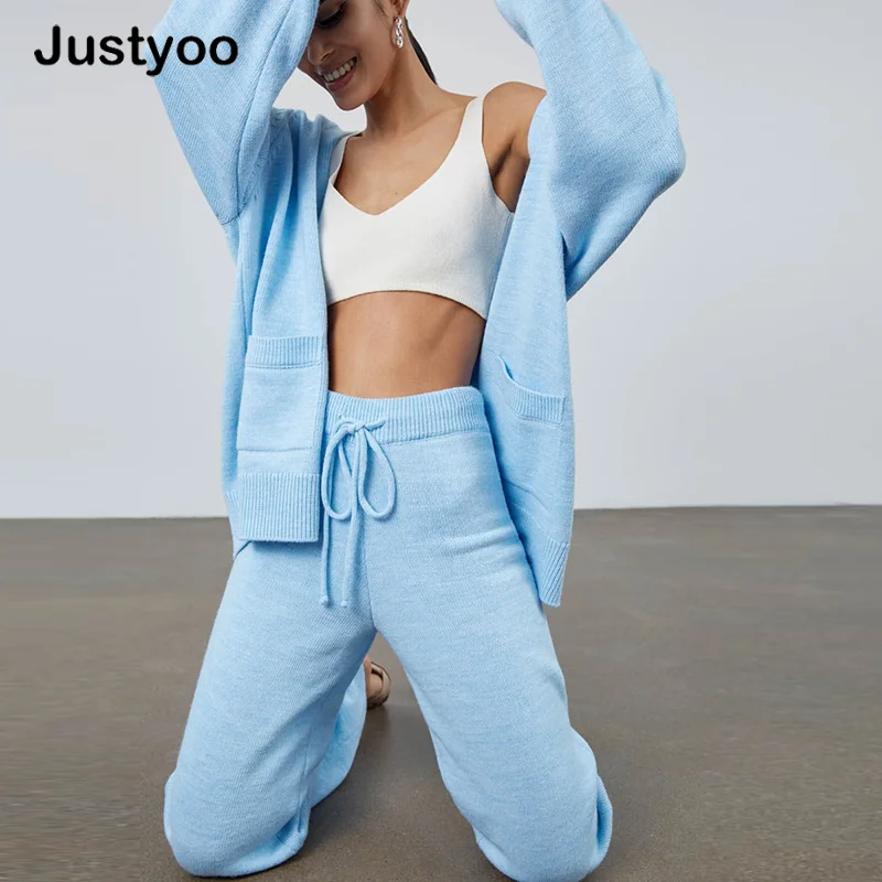 

2021 Autumn Two Piece Leisure Solid Color Slim Cardigan Pants Suit Long-sleeved Knitted Sweater Coat Casual Pants Two Piece Sets