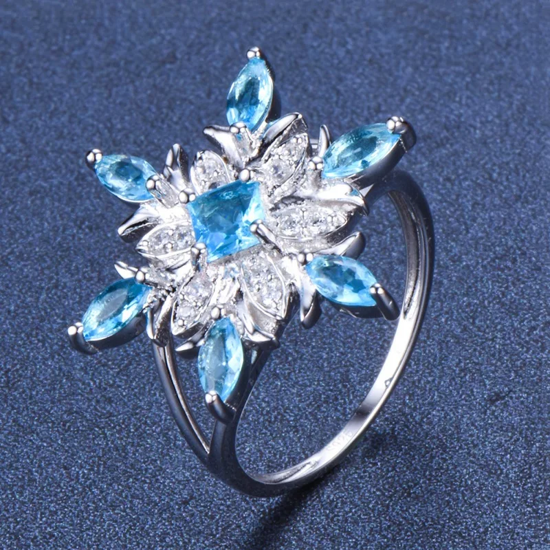 Euramerican Blue Zircon Flower Rings For Women Elegant Chic Snowflake With Stone Christmas Jewelry Gifts 2020 | Украшения и