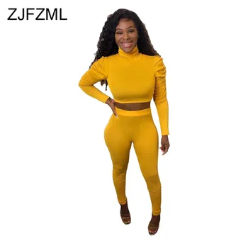 

Causal Solid Two Piece Set Tracksuit Women Turtlenecks Long Sleeve Pleated Crop Top + Empire Pencil Pants Plus Size Sweat Suits