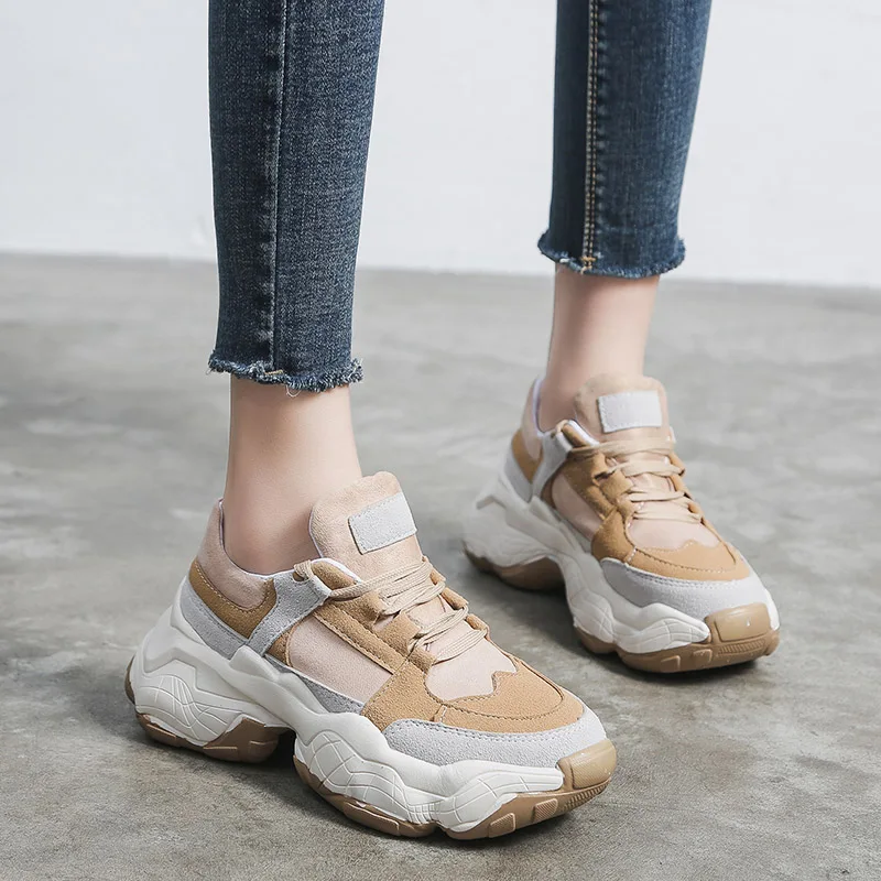 

2020 New Spring Women's Platform Casual Shoes Lace-up Faux Suede Women Sneakers Comfortable Soft Thick Bottom Chunky Sneakers