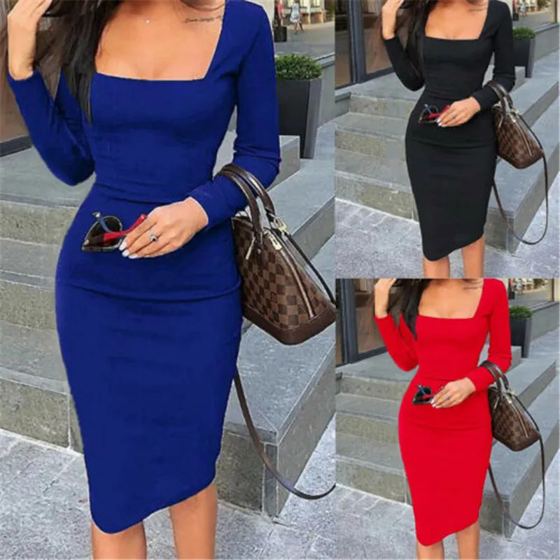 

New Women Off Shoulder Spuare Neck Bodycon Midi Dress Evening Party Formal OL Bodycon Slim Sundress Long Sleeve Fall Women Dress