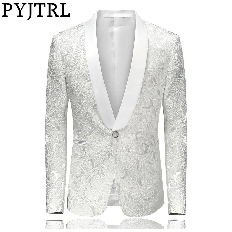 PYJTRL Mens Fashion White Rose Jacquard Blazer Slim Fit Suit Jacket | Мужская одежда
