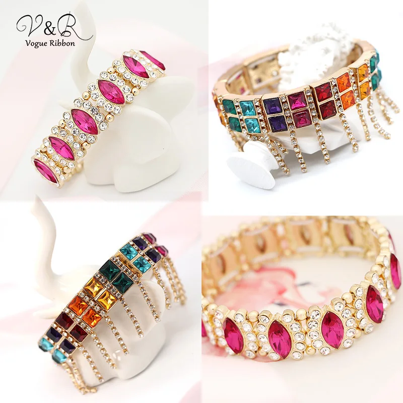 Gold Plated Rhinstone Paving Chunky Statement Party Bangle Bracelet , Gold Plated Multi-color Rhinestone Paving Stone Chain Dangling Statement Party Bangle Bracelet for Women    (4)