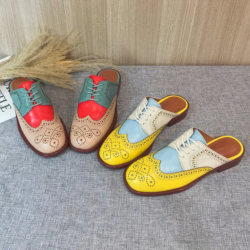 2020 Summer Slides Women's Shoes Carved Round Toe Flats Heel Brogues Mules Shallow Mouth Color Block Oxford Shoes Slippers Women (17)