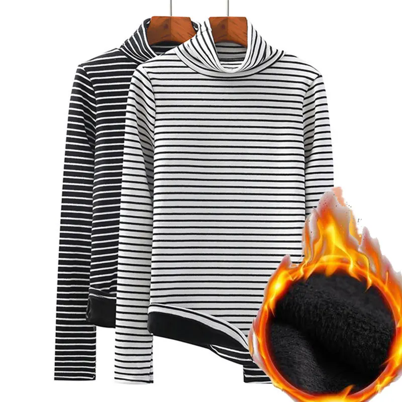 

white and black striped shirt women tee long sleeve turtle neck mom womens warm fleece winter fall turtleneck full sleeve shirts