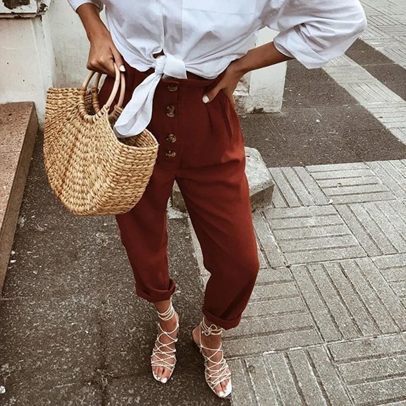

Women Pants High Waist Solid Ankle Length Trousers Female Sweatpant Fashion Vintage Button Stretch Pencil Pants Plus Size