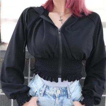 

Vykix Womens Clothing Zipper Hoodies Ruffles Long Sleeve Solid Black Jacket Streetwear Crop Top Women Casual Coats Club Outfits