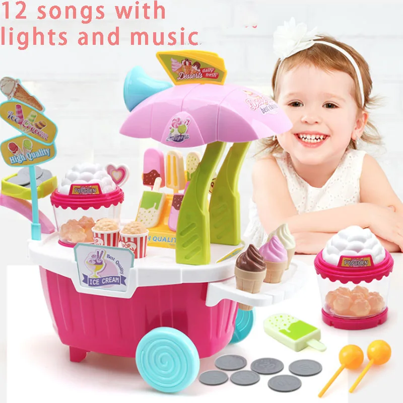 Children's simulation Pretend play house mini popcorn ice cream cart trolley set Early Education Toy girl Gift