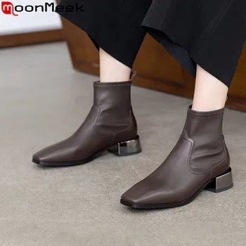 

MoonMeek 2020 new genuine leather boots square toe slip on ankle boots for women square heels ladies autumn winter boots