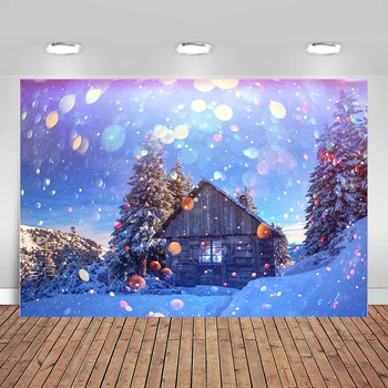 

Christmas photo background snowfield wooden cabin sunshine pine white snow forest fantasy purple new winter photography props