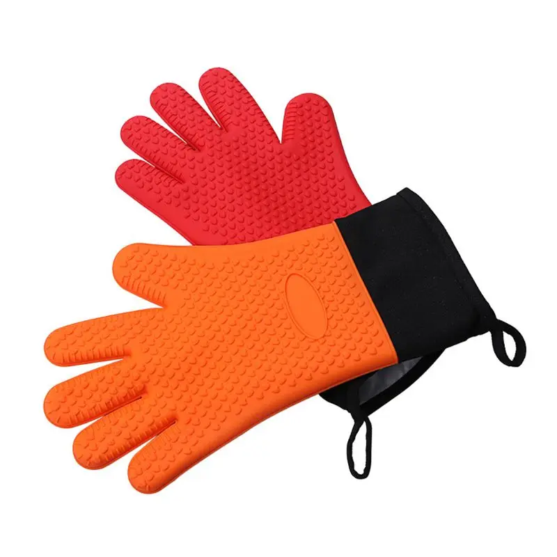 1Pc 1Pc Food Grade Thick Heat Resistant Silicone Glove Full Fingered Baking BBQ Anti-Skid Oven Cooking Mittens Non-Slip Cotton