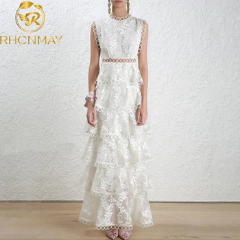 

2020 New Hollow Out Lace Long Sleeve Cake Dress Fashion Brand Runway Dress Women Sexy Deep O-neck Party Dresses Vestidos