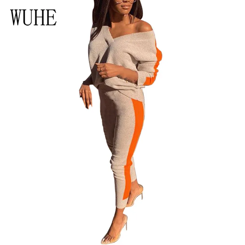 

WUHE Rompers Women Jumpsuits Autumn Two Pieces Sets New Fashion Long Sleeve Playsuits Sexy V Neck Knitted Bodycon Long Overalls