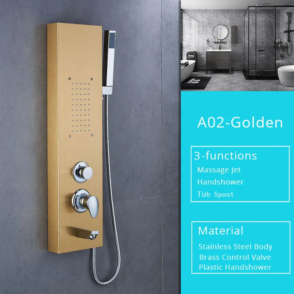 Golden A02 Черная душевая колонна в стене для ванны, смесители для душа с массажем тела, струйная душевая панель для ванной, золотой душевой кран, набор ручного душа - Цвет: Golden A02