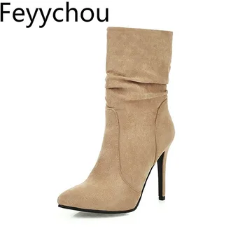 

Women Boots Autumn Winter Super High Heel Slip on Pointed Toe Flock Mid-calf 2019 Simple Winter Versatile Black Big Size 34-43