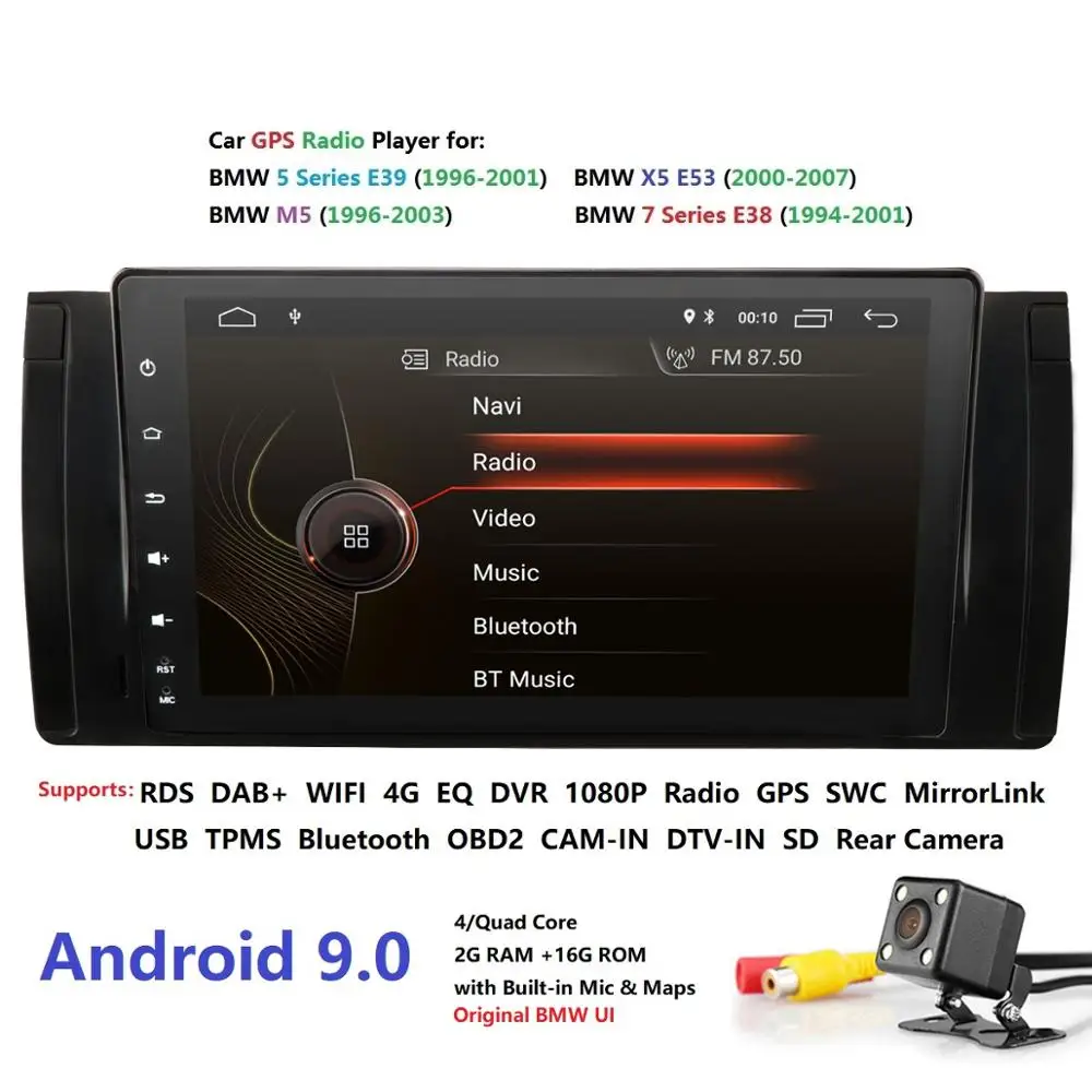 

Original UI 1 din android 9.0 Car DVD player for BMW E39 X5 GPS Wifi Bluetooth Radio USB NODVD Steering wheel Control Camera map