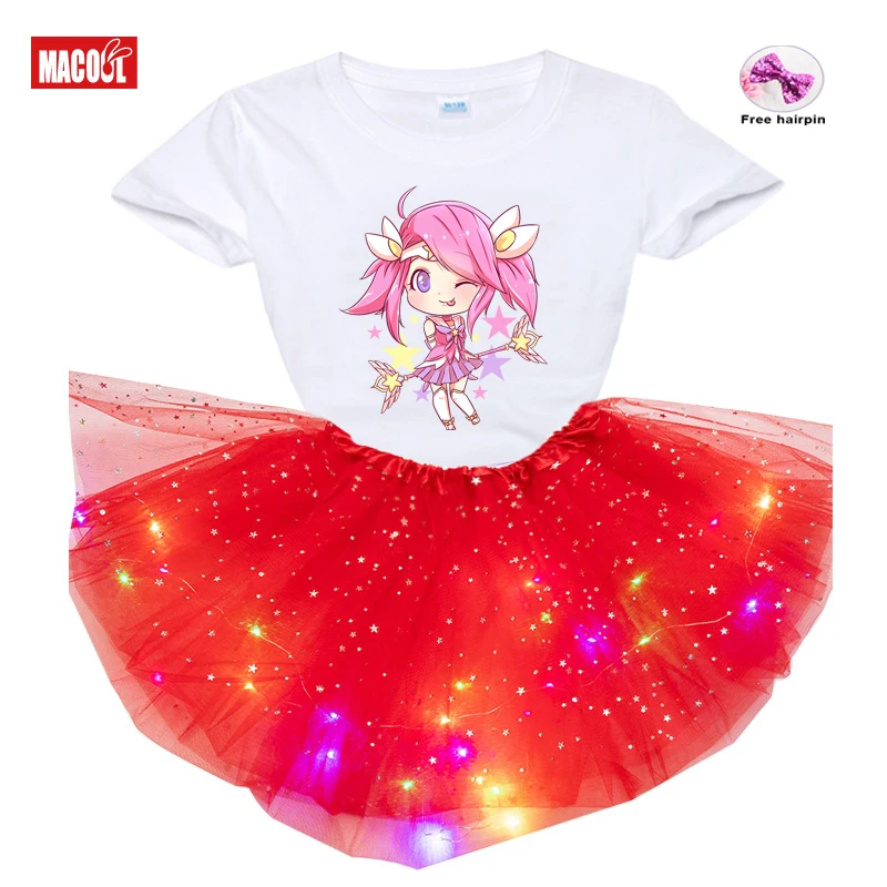 

Baby Girls Tutu Dress Sets Summer Girls Short Sleeve T-shirt+luminous Skirt+hairpin 3pc Set Girl Casual Wear Children Clothing