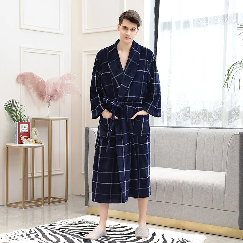 Autumn And Winter Robe Solid Color Lace-up Flannel Couple Nightgown Pocket Long Home Robe