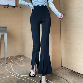 

Simple Split Flare Pants Woman Fashion Slim Ruffled High Waist Ladies Pants New Temperament Stretch Black Skinny Pants 2019
