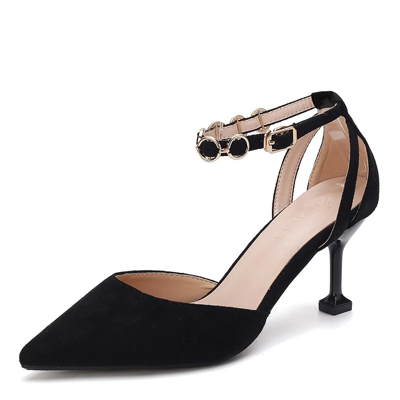 

5221-21, 1135-3 High-heeled Sandals 2019 New Style A- line Belt Buckle Pointed Shoes Thin Heeled Hallow WOMEN'S Shoes