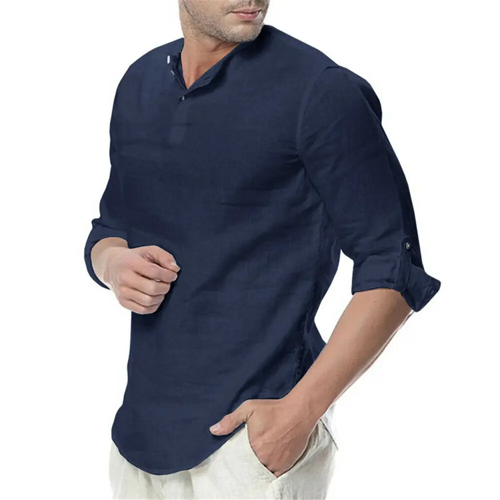 Хэнли летняя популярная мужская повседневная хлопковая льняная футболка, Топы, Повседневная модная новая свободная футболка с v-образным вырезом и длинным рукавом - Цвет: Тёмно-синий