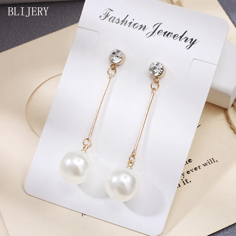

BLIJERY Simple Crystal Pearl Long Drop Earrings For Women Girls Hanging Dangle Earrings Fashion Jewelry Boucle D'oreille Femme
