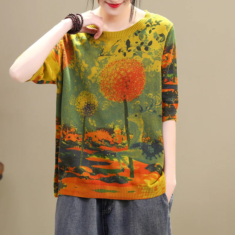 

2020 O Neck Color Matching Knitted Thin Sweaters Women's Loose Plus Size Round Neck Printed Thin Sweater With Half Sleeves