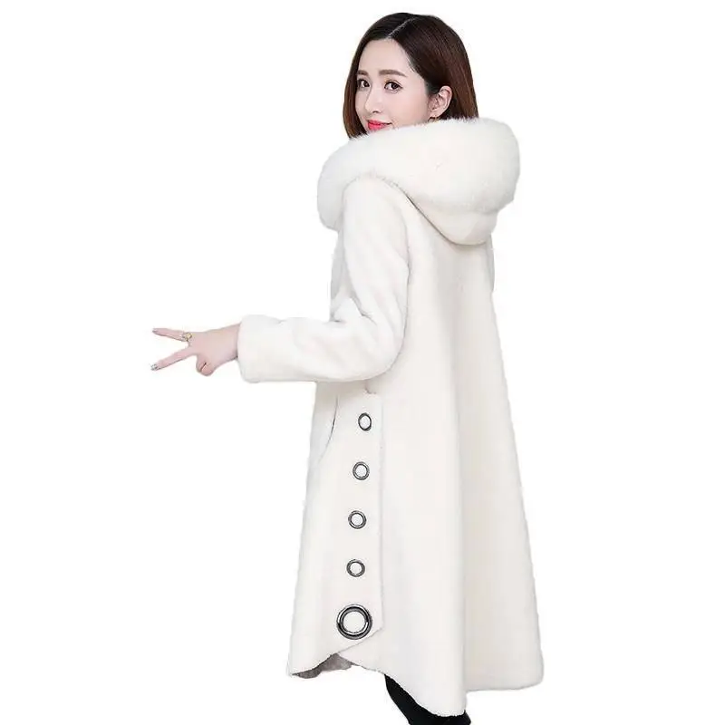 

Women 2019 Winter Natural Fox Fur Collar Sheep Shearing Coats Female Real Fur Long Coat Jacket Slim Suede Liner Outwear K386