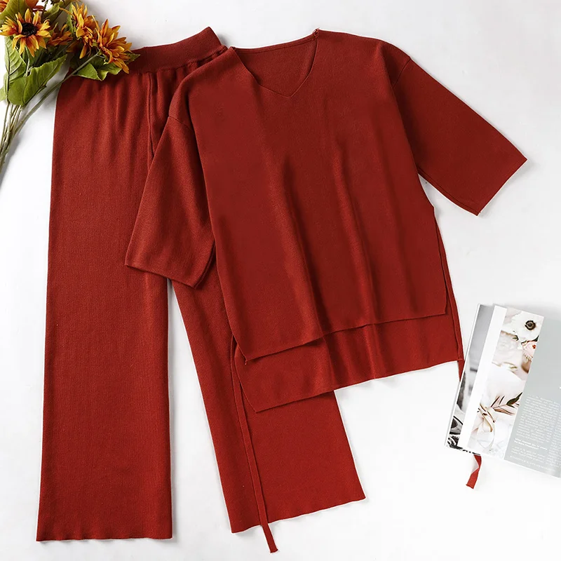 Женский комплект из 2 предметов, 4XL, вязаный свитер, широкие штаны для женщин, комплект из двух предметов, вязаный пуловер с v-образным вырезом, топ и штаны, два комплекта для женщин
