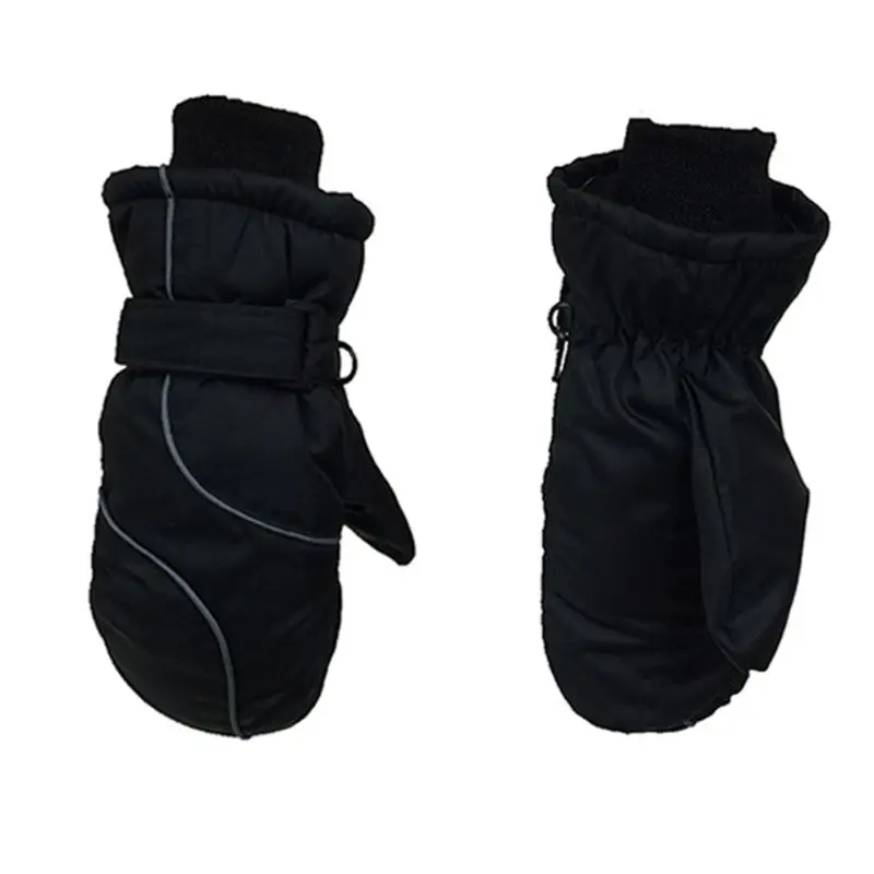 Зимние лыжные перчатки для детей ясельного возраста, водонепроницаемые, ветрозащитные, одноцветные, в стиле пэчворк, утепленные, регулируемые, эластичные варежки, От 5 до 9 лет - Цвет: Черный