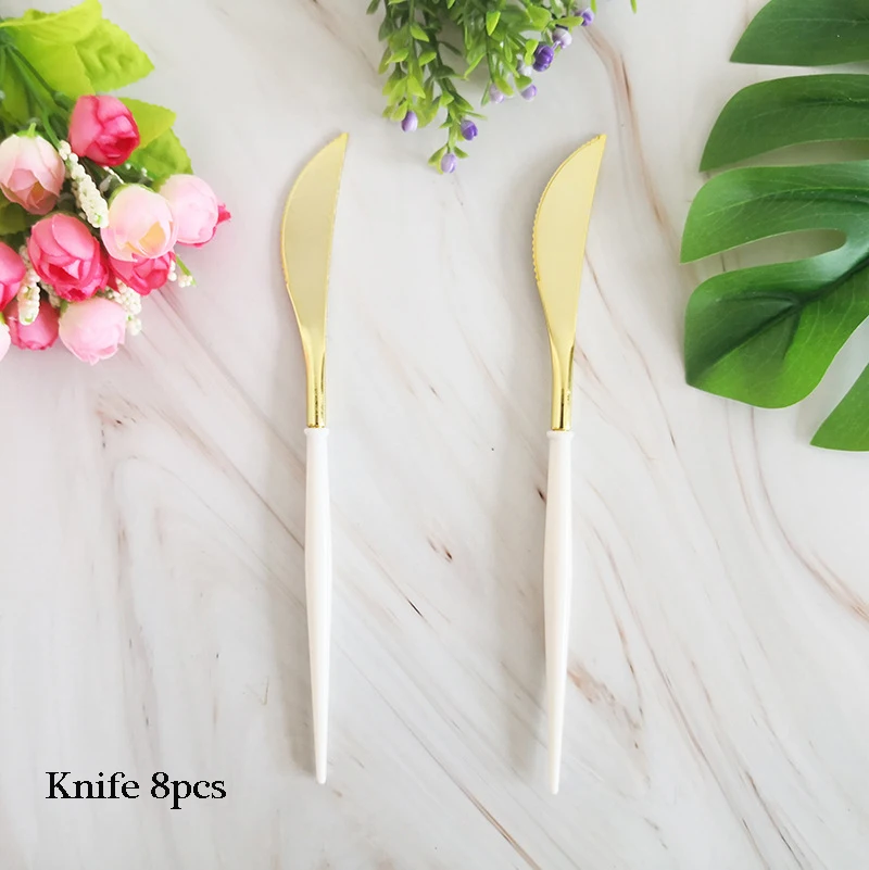 Knife 8pcs Белые одноразовые столовые приборы, вечерние, золотые, бумажные тарелки, стакан с соломинкой, для первого дня рождения, вечеринки, свадьбы, декор для детей, детские вечерние принадлежности - Цвет: Knife 8pcs