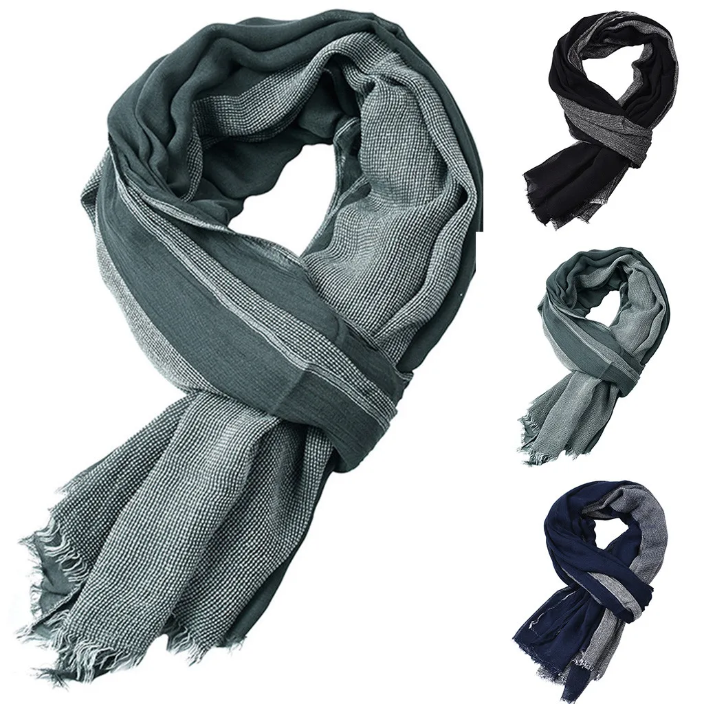 Зимний шарф мужской теплый мягкий кисточка Cachecol серый в клетку завязанный морщинистый хлопок мужские шарфы# p3