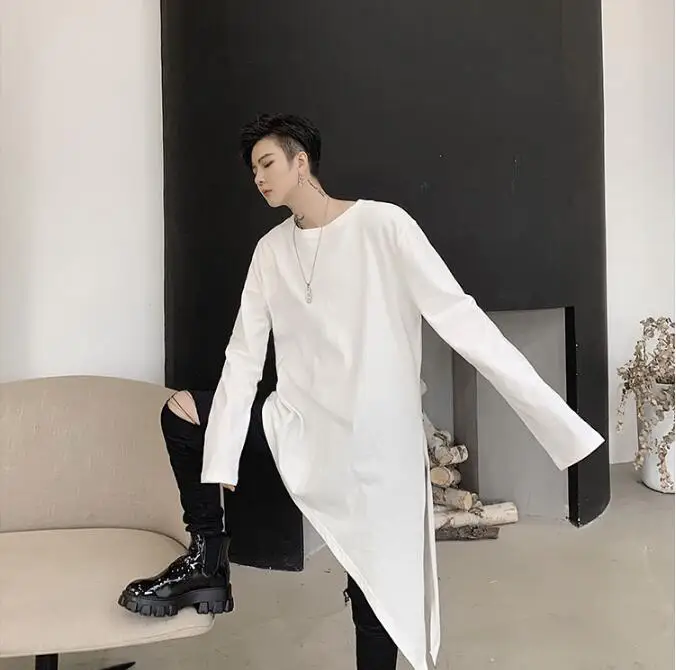 M-XL! весенние и осенние модели темных личностей Наклонный подол Сплит дизайн Мужская свободная футболка с длинными рукавами сплошной цвет джемпер