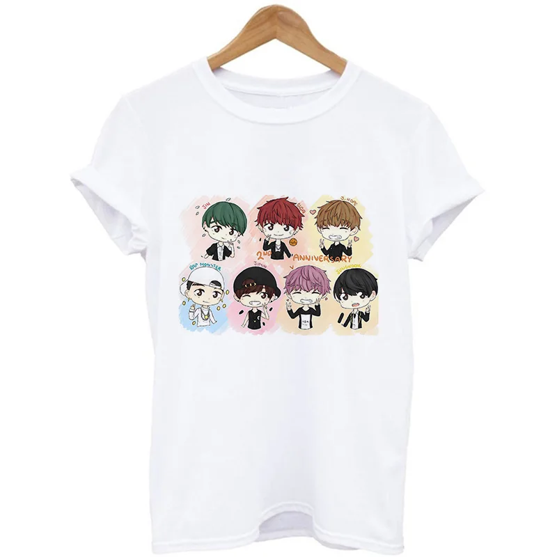 JIN SUGA J HOPE JIMIN V JUNGKOOK футболка Женская корейский стиль Bangtan мальчики мультфильм футболки с изображением женская футболка Ulzzang Harajuku