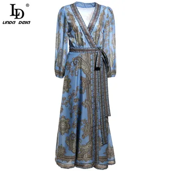 

LD LINDA DELLA Designer Autumn Vintage Dress Women Lantern Long Sleeve Printed Bow Belt Ladies Vacation Street Wrap Midi Dress