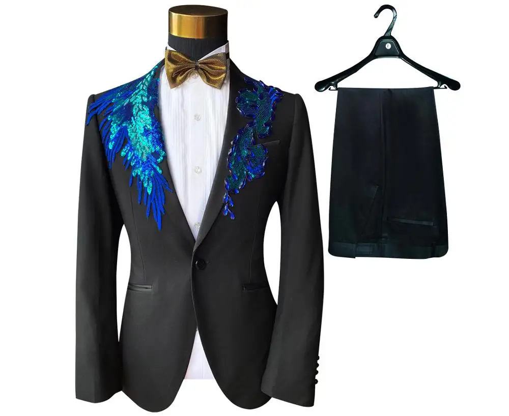 Jacket Pants Bowtie Мужские костюмы, платье, с блестками, с вышивкой, на одной пуговице, свадебный костюм, золотой и Красный смокинг, блейзер, брюки, галстук-бабочка, выпускной костюм, 4XL 5XL - Цвет: Jacket Pants Bowtie