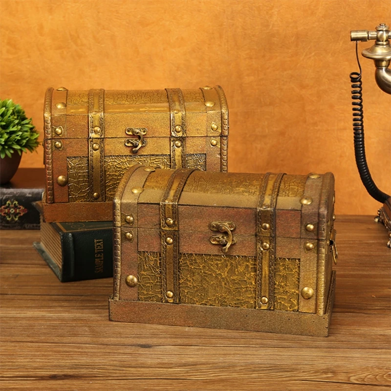 Retro Wooden Pirate Treasure Chest Box Gem Jewelry Trinket Keepsake Storage Case 