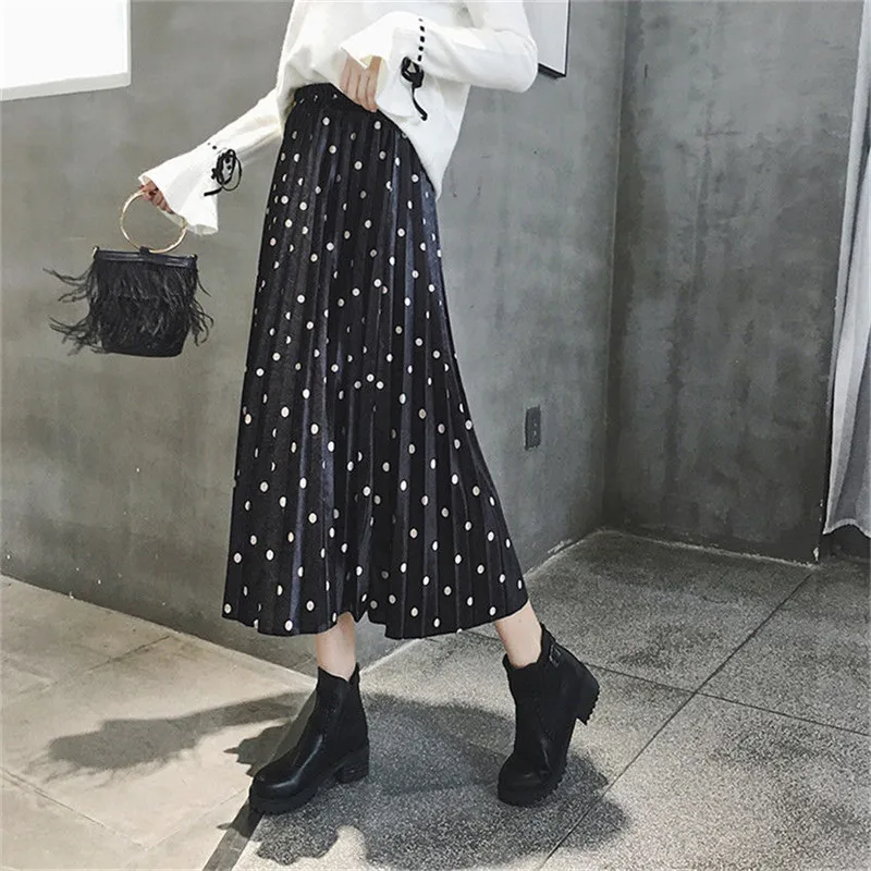 Зимняя Элегантная черная бархатная плиссированная юбка в горошек, эластичная талия, Женская юбка средней длины, женские юбки-клеш, повседневные женские юбки