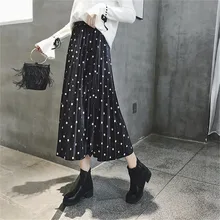 Зимняя Элегантная черная бархатная плиссированная юбка в горошек, эластичная талия, Женская юбка средней длины, женские юбки-клеш, повседневные женские юбки