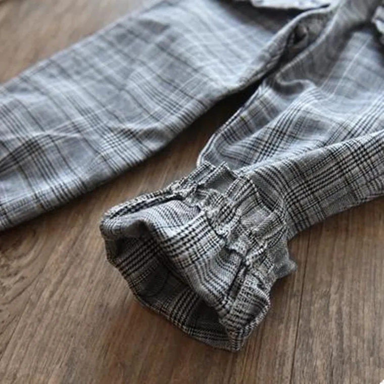 New Style Girls British Style Plaid Korean-style Frilled Closing Foot Elastic Casual Trousers Slim-Fit Pants Y0079