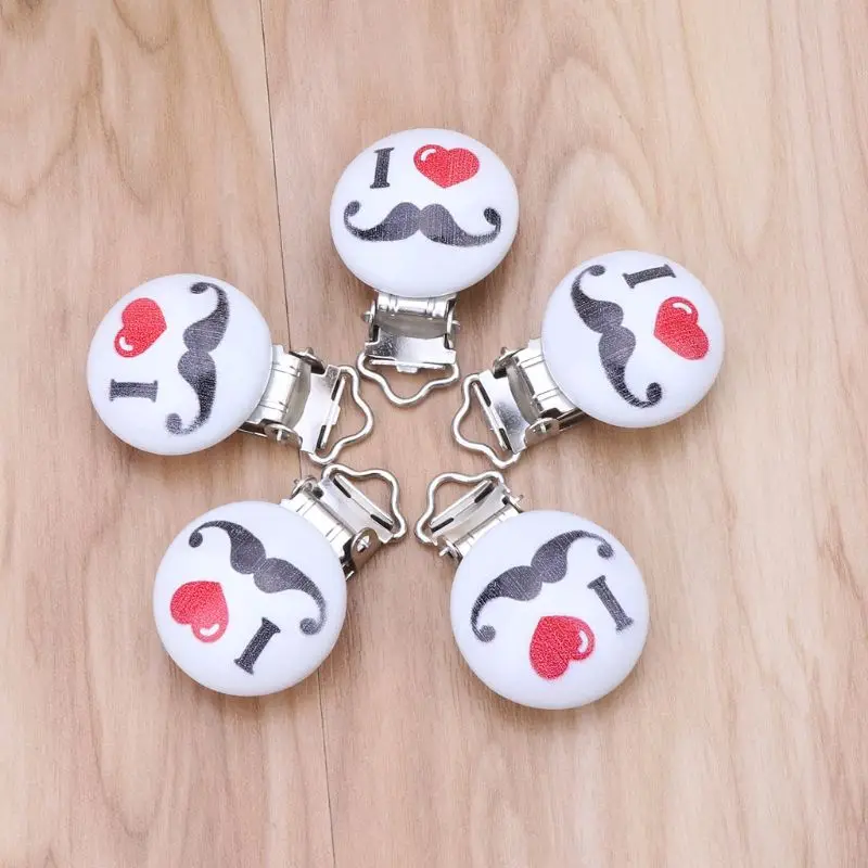 

5PCS/Lot Metal Wooden Baby Pacifier Clip Round Cute Mustache Pattern 4.4cm x 3cm R9UE