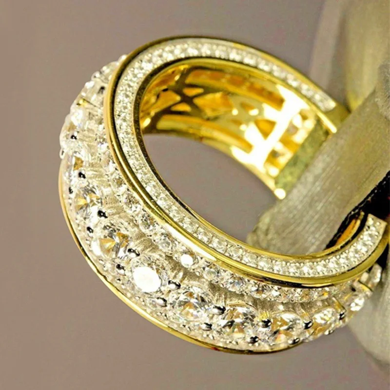 Роскошные обручальные кольца из желтого золота с фианитами, ювелирные изделия в стиле хип-хоп, ослепительное кольцо на палец с блестящим кристаллом для мужчин и женщин, вечерние, подарки Z4P609
