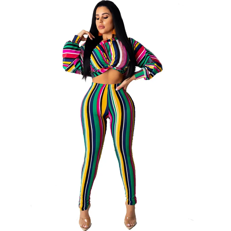 Women Striped Casual Two Piece Set Tracksuit Autumn Winter Crop Top and Pants Sweat Suit Bodycon 2 Outfits for |