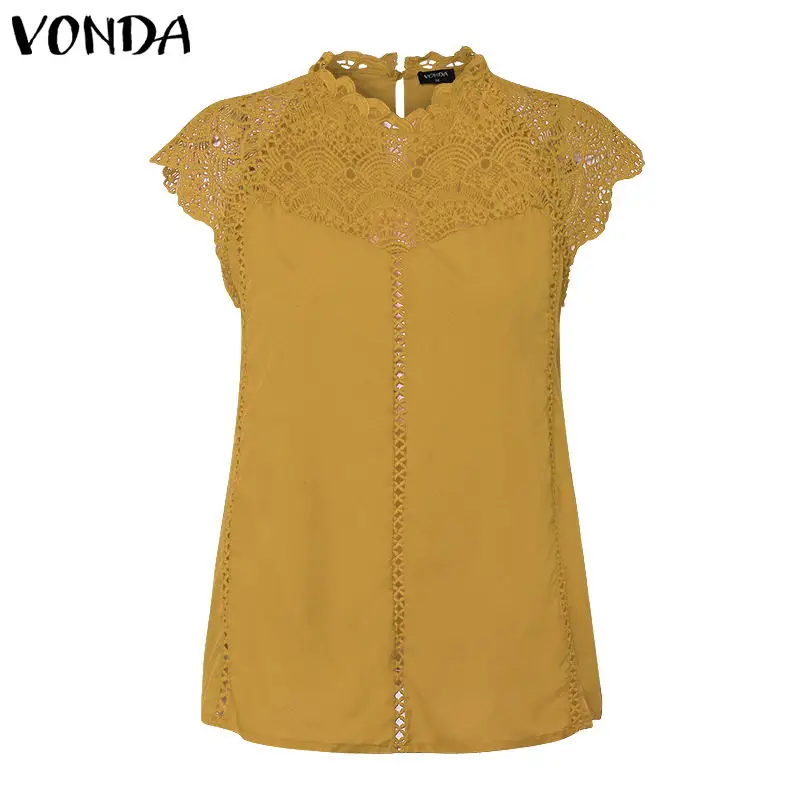 VONDA, женская блузка, туника, сексуальная, без рукавов, кружевная рубашка, OL, Офисная Женская рубашка, открытые, вечерние, топы, Camisas, белого цвета, размера плюс - Цвет: Цвет: желтый
