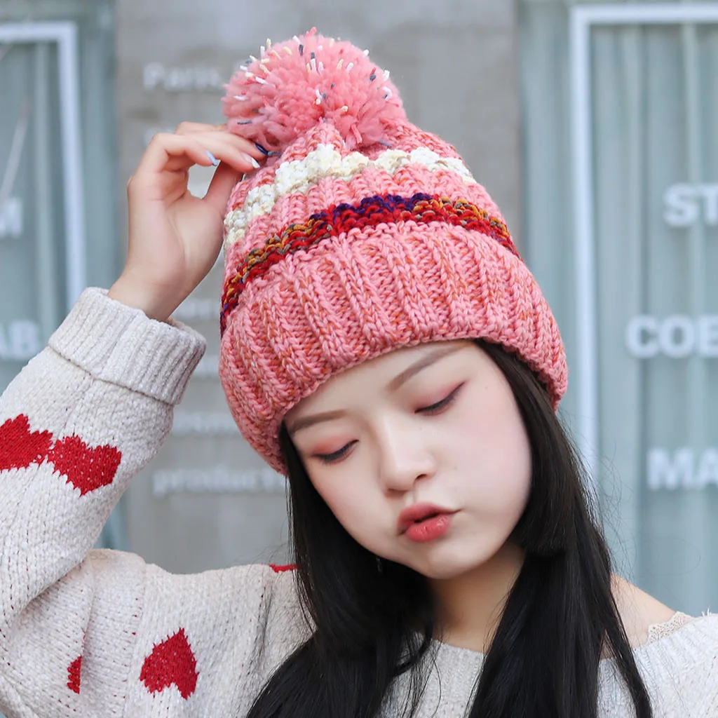Harajuku Осенняя зимняя шапка женская вязанная бархатная Толстая Женская шерстяная шляпа большой шерстяной шар красочная полоска теплая шапка Skullies 30H